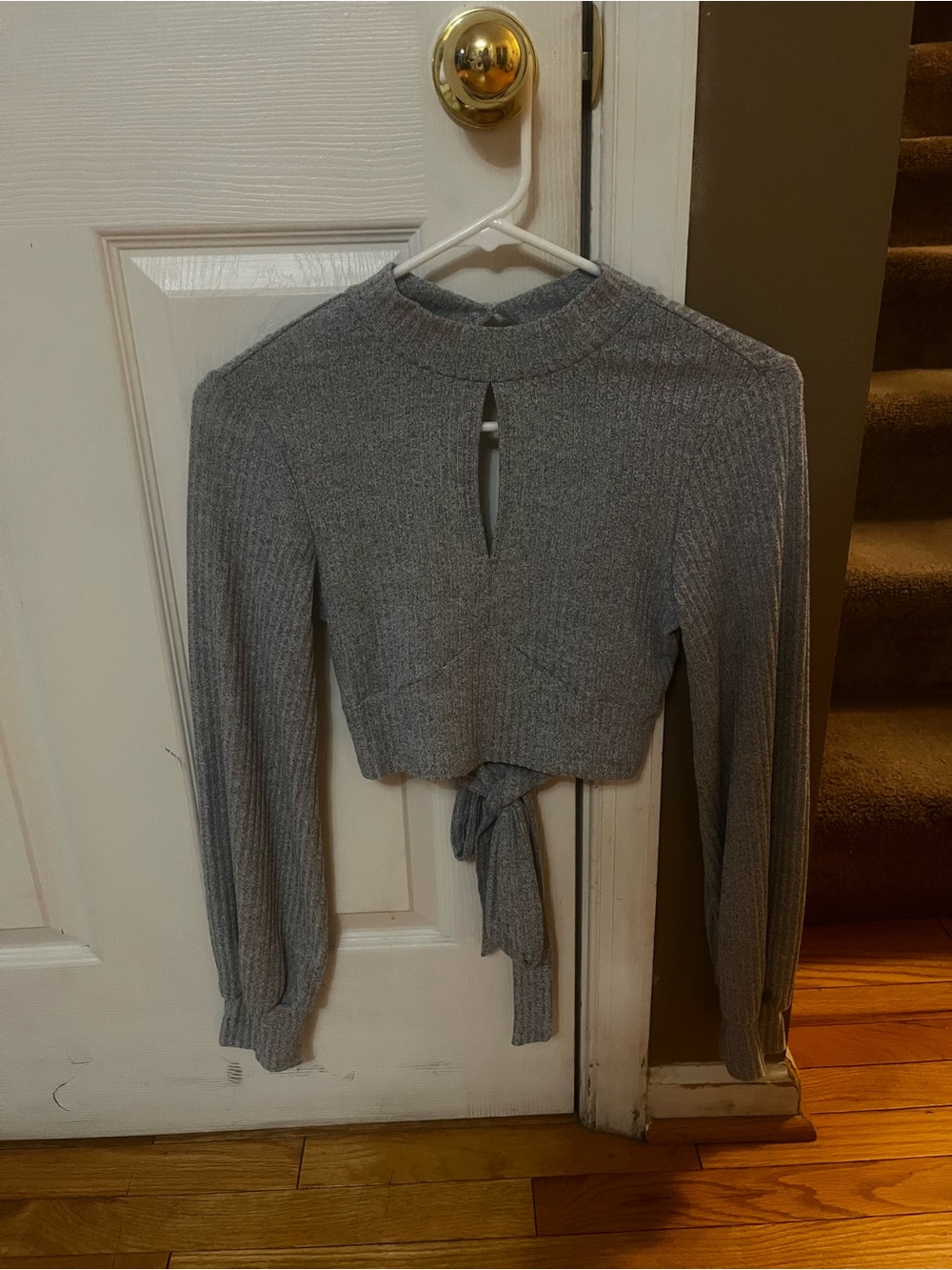 SHEIN Gray Ribbed Tie-Front Long Sleeve Crop Top